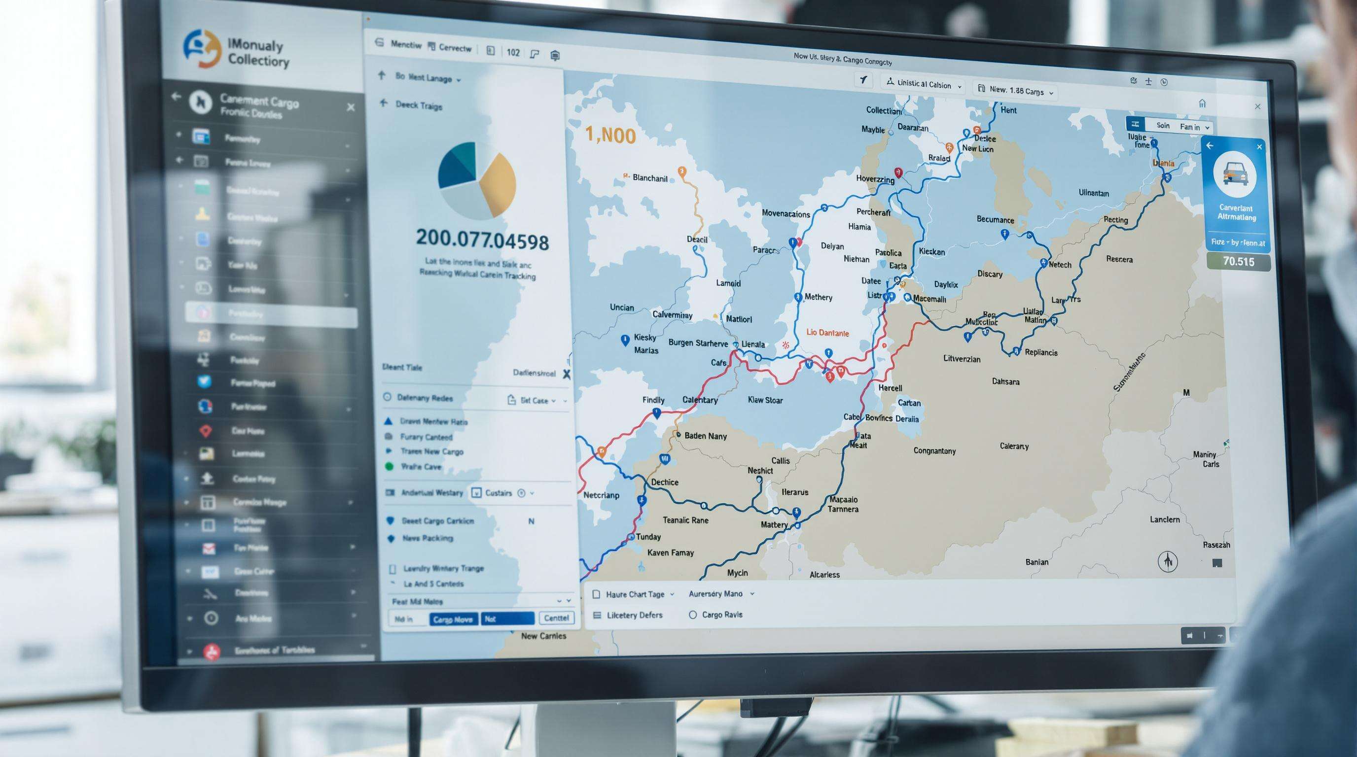 Operator using advanced logistics software to monitor sea freight shipments in a modern office setting