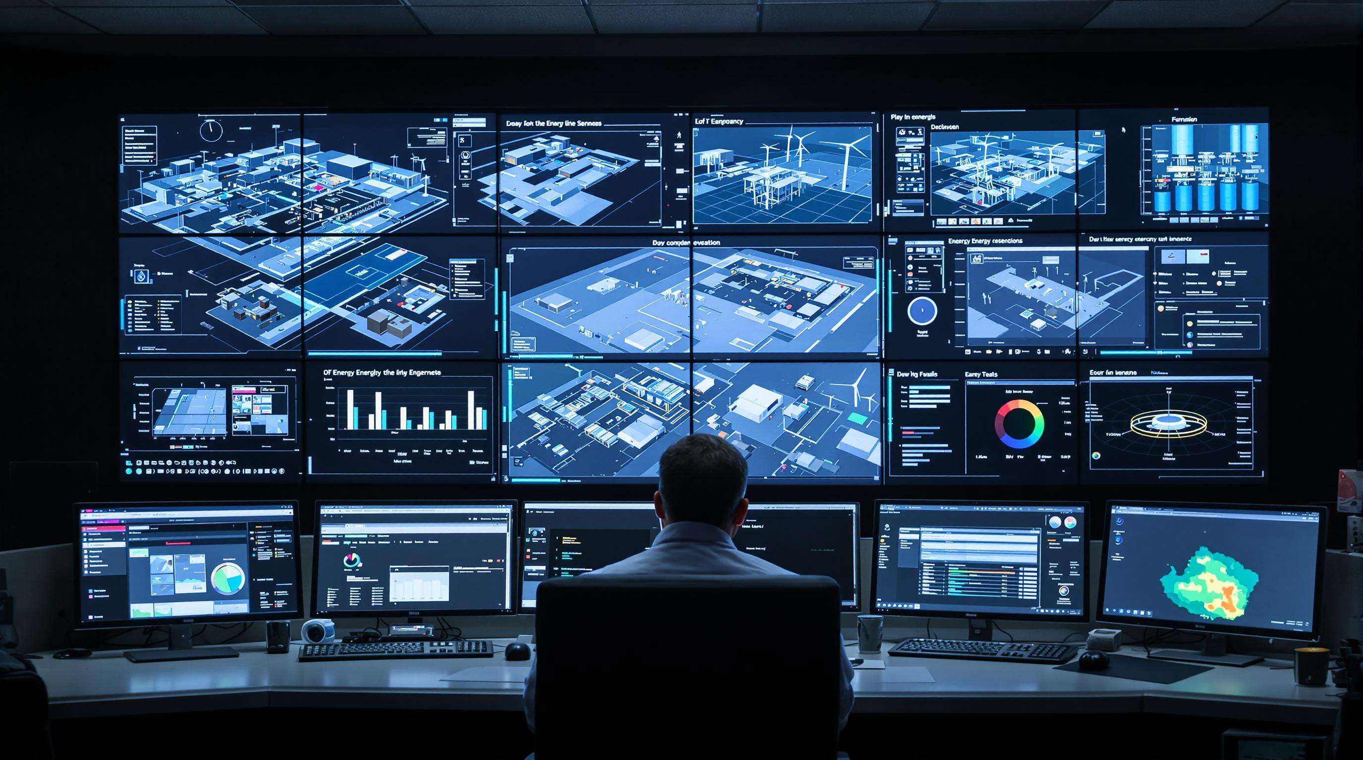 A control room technician reviews screens with live warehouse energy monitoring and digital twin simulations