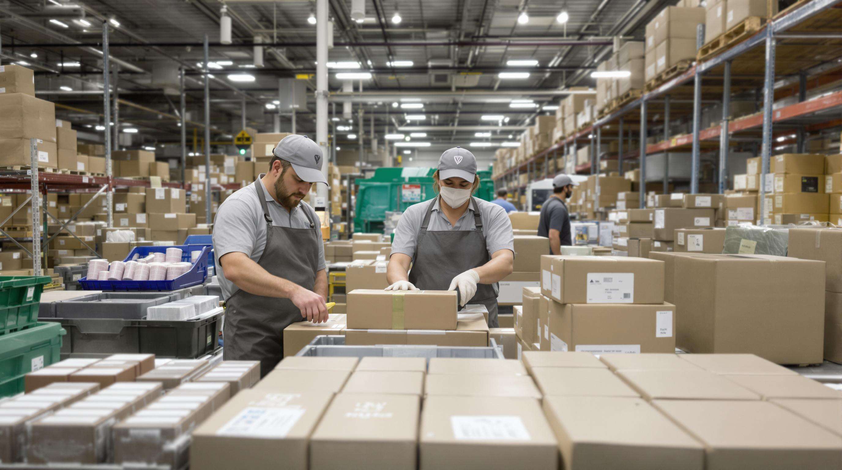 Warehouse workers applying sustainable labels to packages using eco-friendly materials