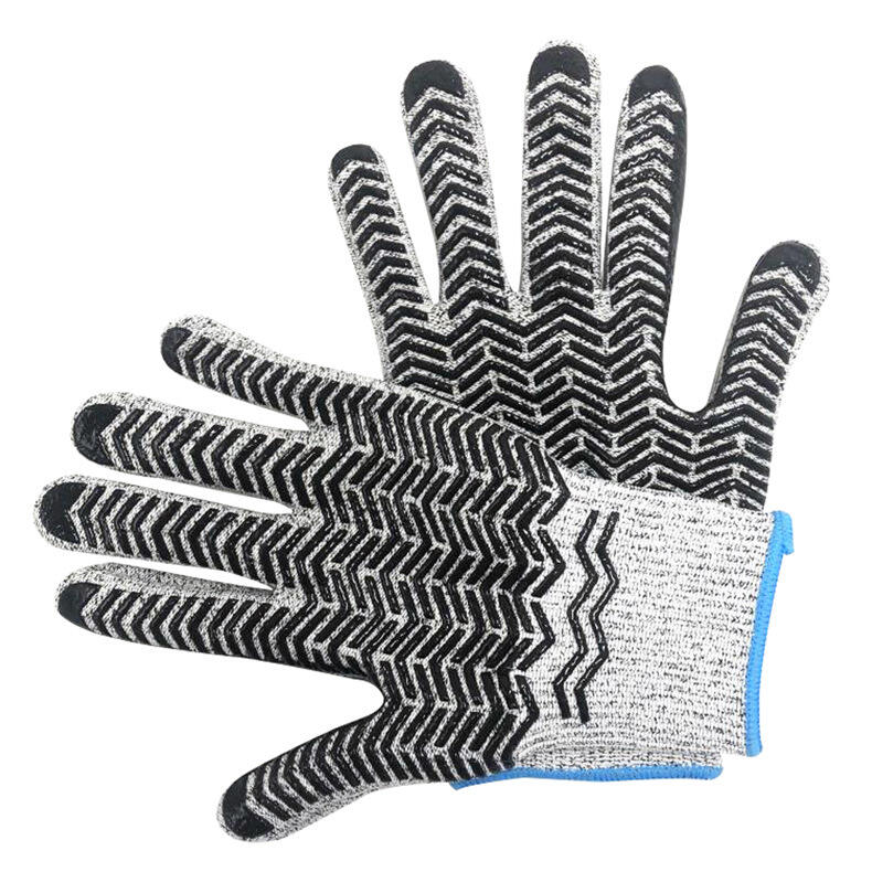 Factory Custom anti cut safety work 13G HPPE Knit Silicone Palm Dotted Anti Slip Level 5 Cut Resistant Gloves factory