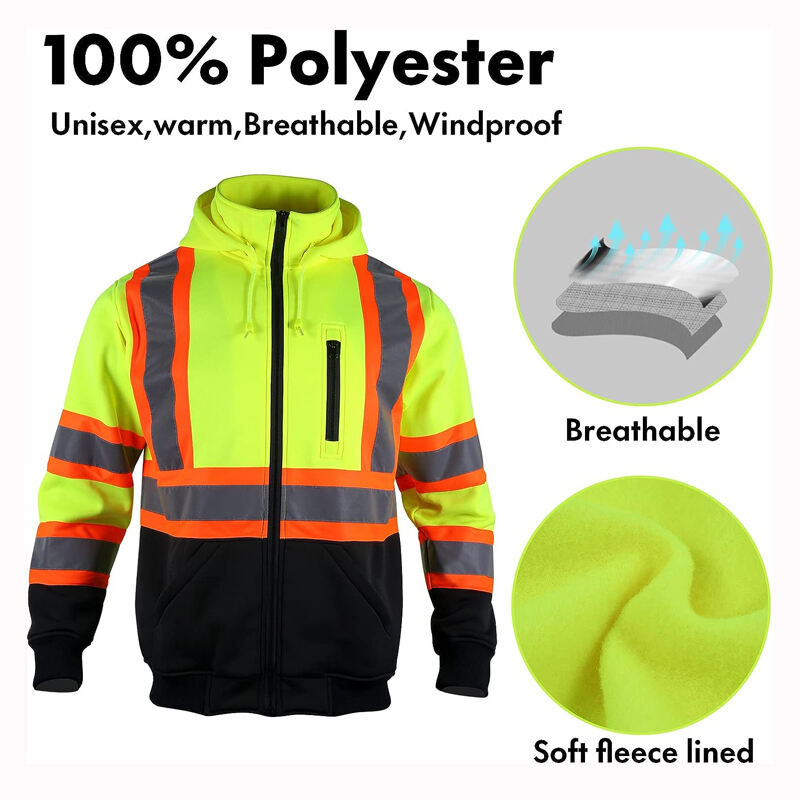 High Visibility Safety Sweatshirts Zip Closure Fleece Safety Jacket ANSI Class 3 Jackets Detachable Reflective Work Hoodies factory