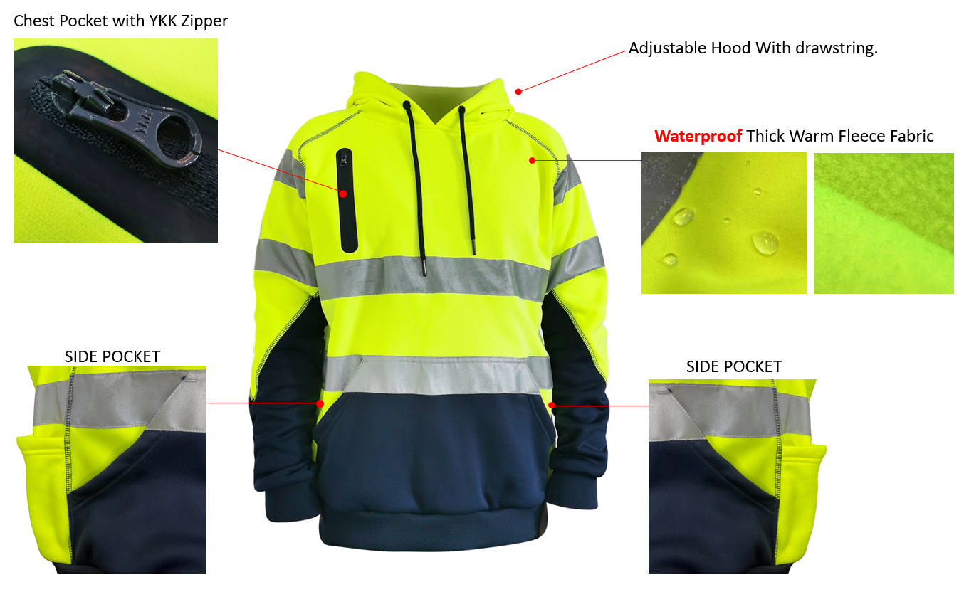 Waterproof Hi-Vis Reflective Yellow Long Sleeve Warm Fleece Hoodie details