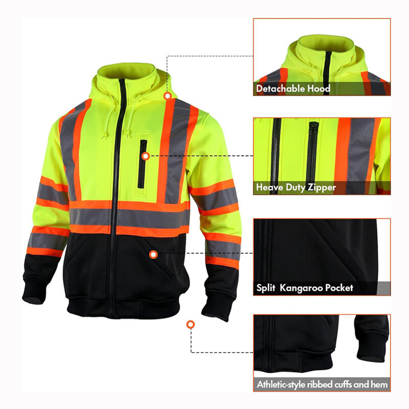 High Visibility Safety Sweatshirts Zip Closure Fleece Safety Jacket ANSI Class 3 Jackets Detachable Reflective Work Hoodies factory