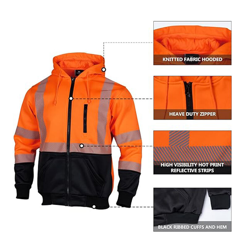 280gsm  Fleeced High Visibility Safety Sweatshirts Zip Closure Hi-Vis Safety Jackets Orange Warm Reflective Work Hoodies factory