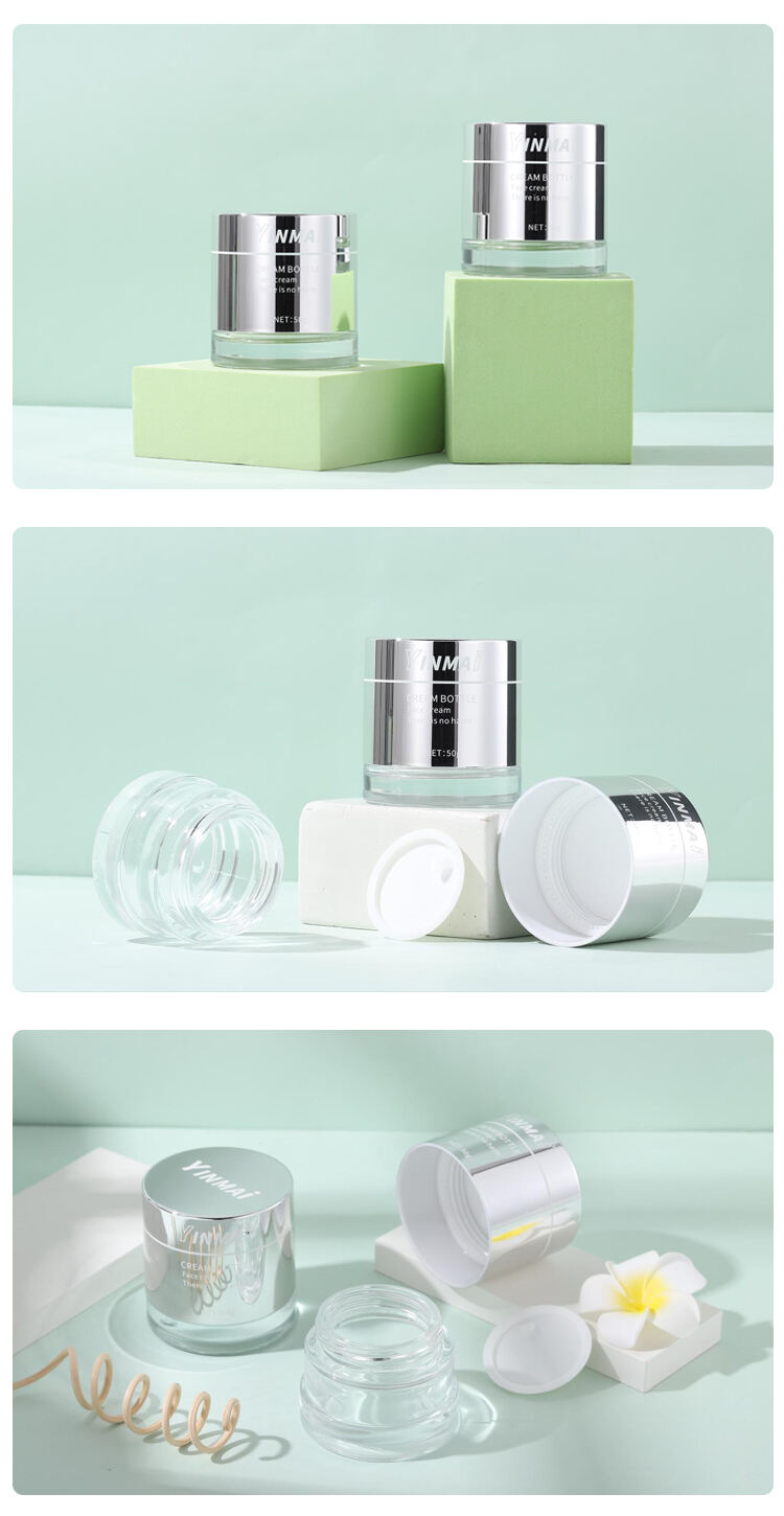 NEW Cylindrical Beautiful 50g Cosmetic Empty Glass Jar Container For eye Cream With Aluminum Lid Cap factory