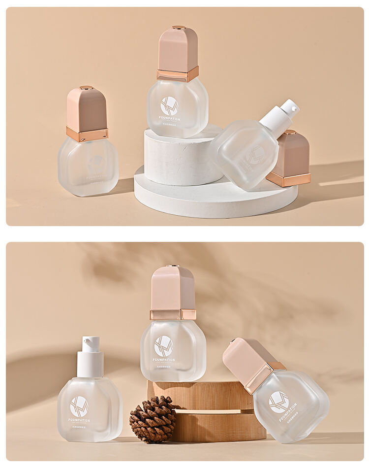 Unique frosted 1oz bb cream makeup cosmetic pink press pump bottle luxury 30ml empty liquid foundation lotion glass bottles details