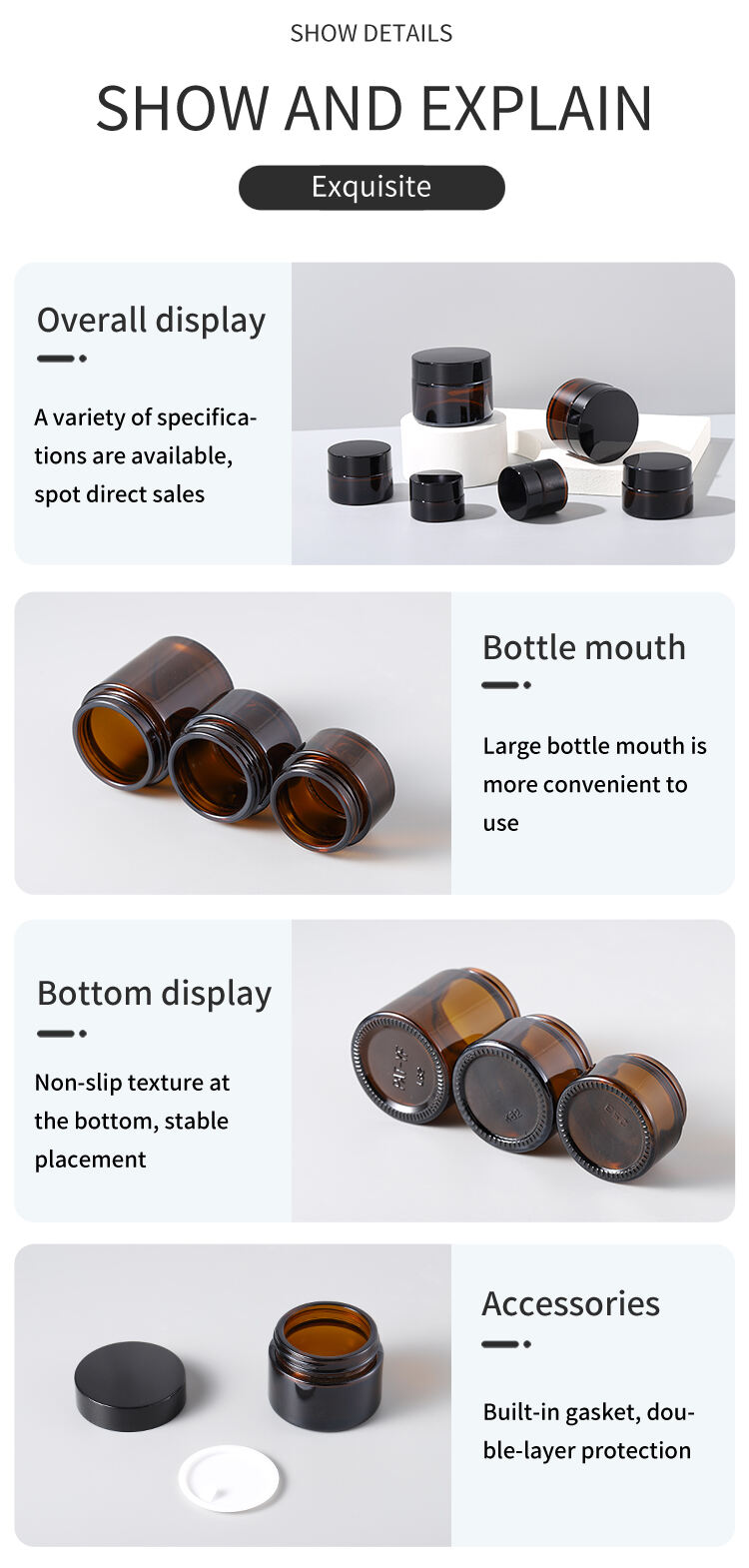 Brown Glass Jar Cream Bottle 5g 10g 15g 20g 30g 50g 60g 100G Empty Glass Lip Balm Containers Wide Mouth Cosmetic Jars factory