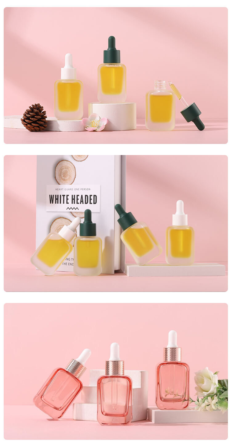 Square shaped pink essential oil cosmetic 30ml 1oz glass serum bottle with rubber top dropper gold aluminum cap factory