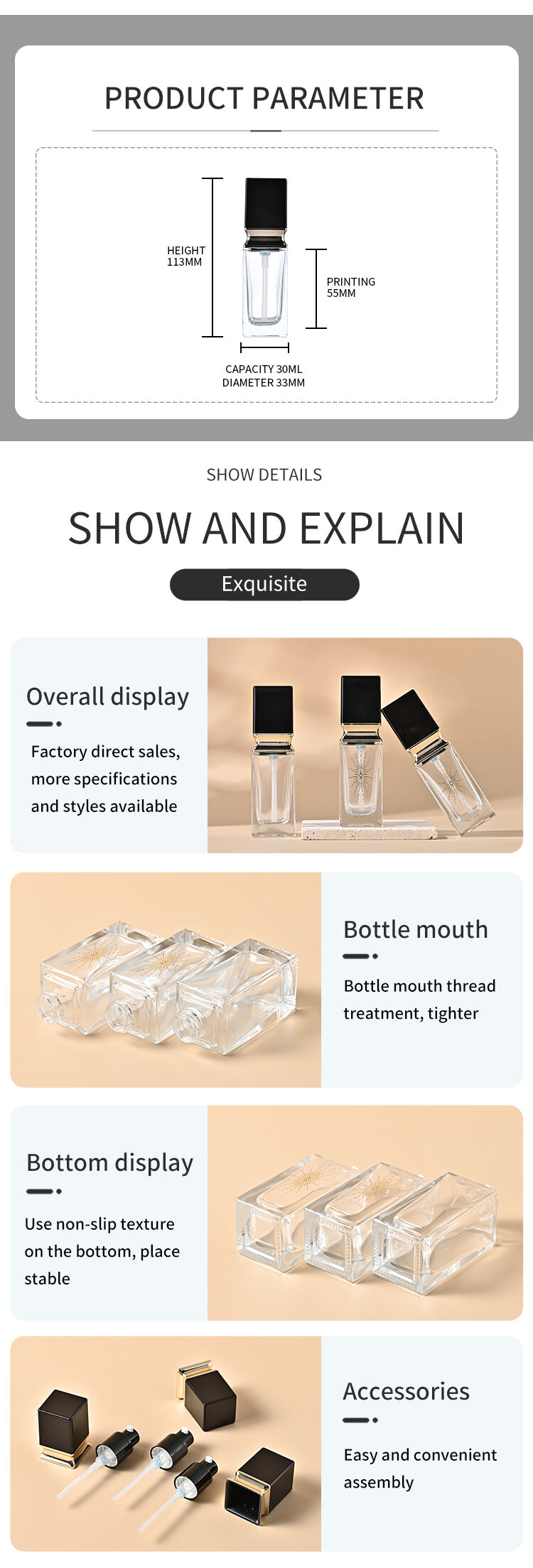 30ml bb cream makeup cosmetic press pump bottle packaging empty liquid cream foundation glass bottles details