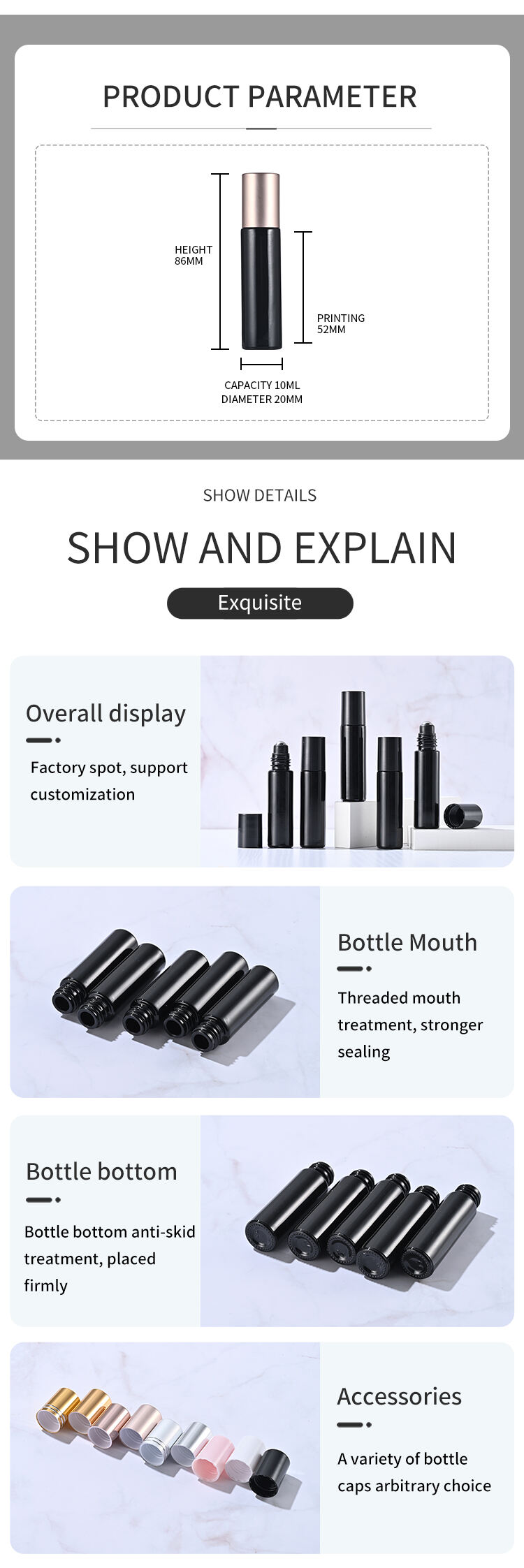 5ml 10ml Black Glass Perfume Roll On Bottle With Stainless Steel Metal Roller Ball manufacture