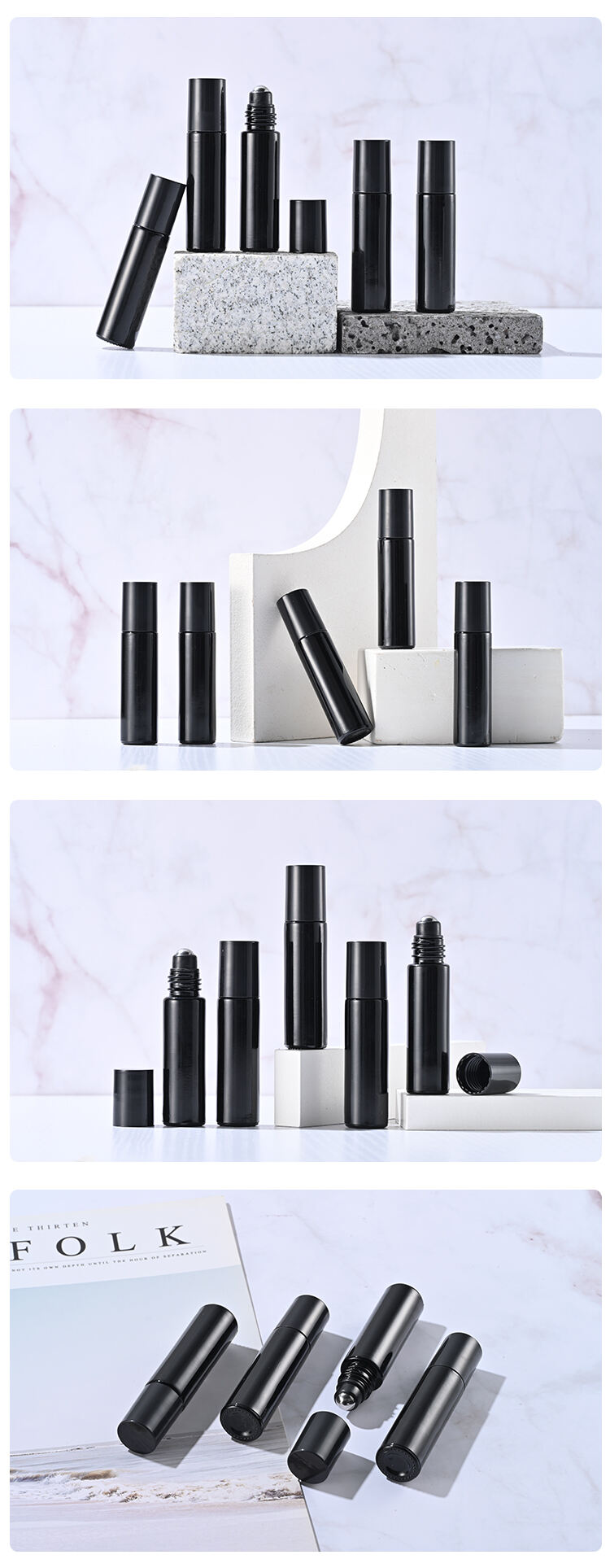 5ml 10ml Black Glass Perfume Roll On Bottle With Stainless Steel Metal Roller Ball factory