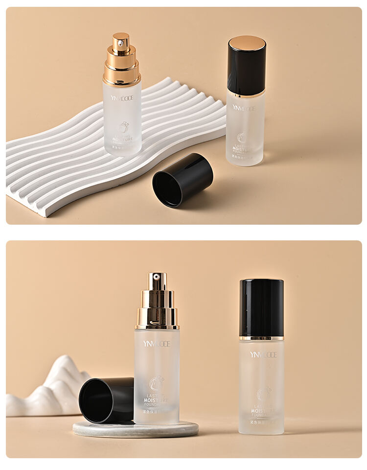 Luxury Cosmetic Packaging frosted Lotion Squeeze Pump Bottle 30ML 1OZ Glass Empty Liquid Foundation Bottles with black pump manufacture