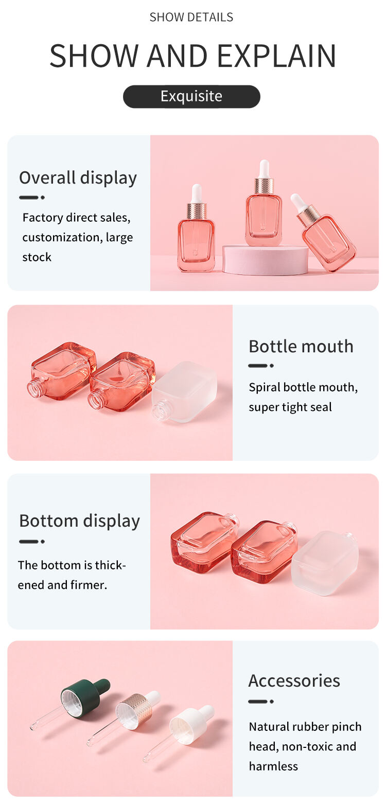 Square shaped pink essential oil cosmetic 30ml 1oz glass serum bottle with rubber top dropper gold aluminum cap details