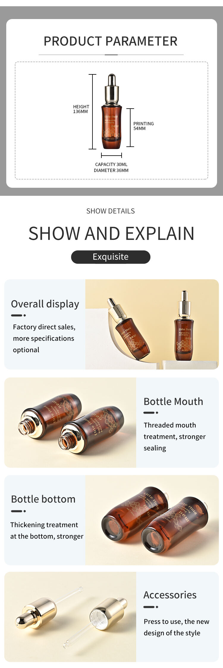 Luxury 1oz 30ml Amber Essential Oil Serum Bottle Glass Dropper Bottles with gold dropper factory