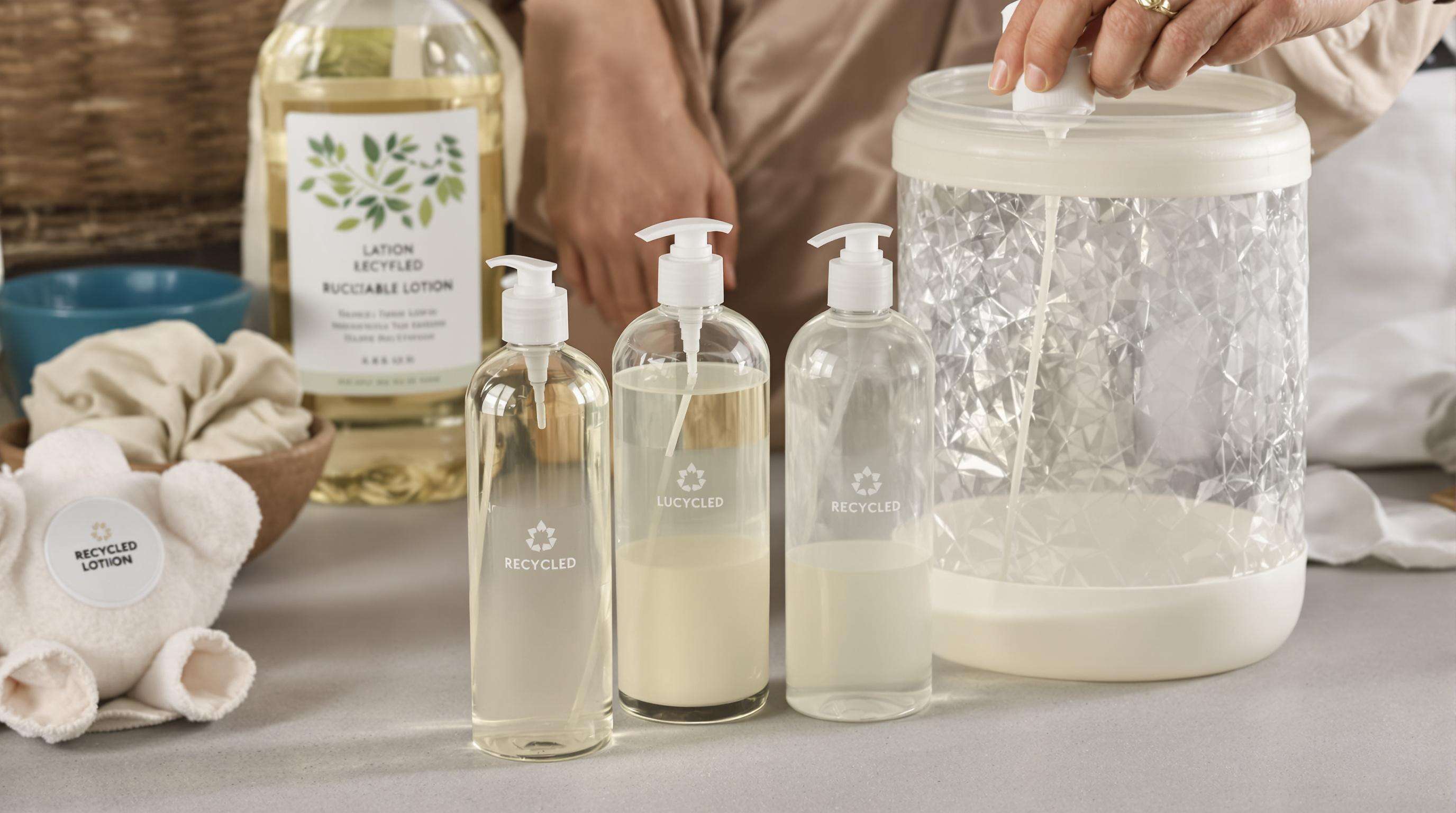 Multiple glass lotion bottles being cleaned and refilled to illustrate sustainable reuse