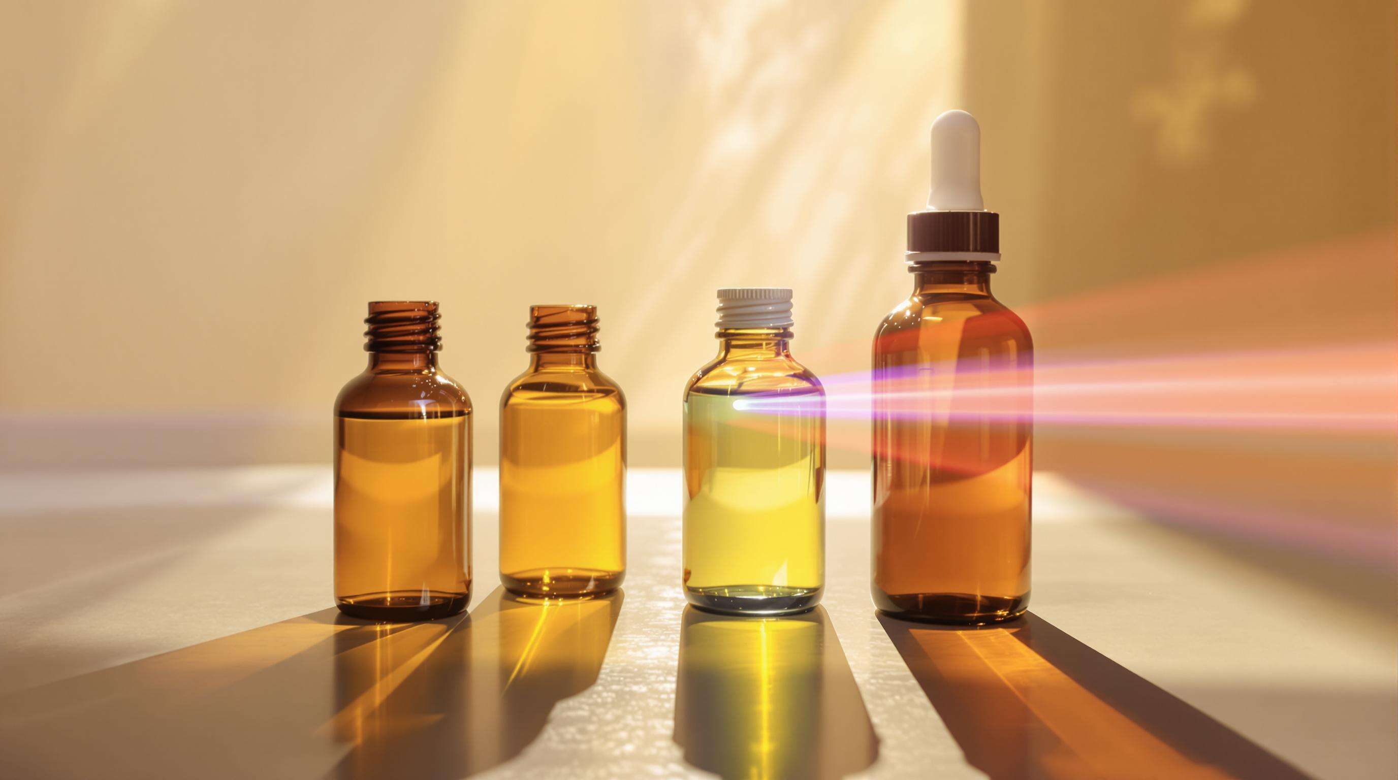Amber glass bottles protecting oils from UV light, with sunlight partially blocked by the colored glass