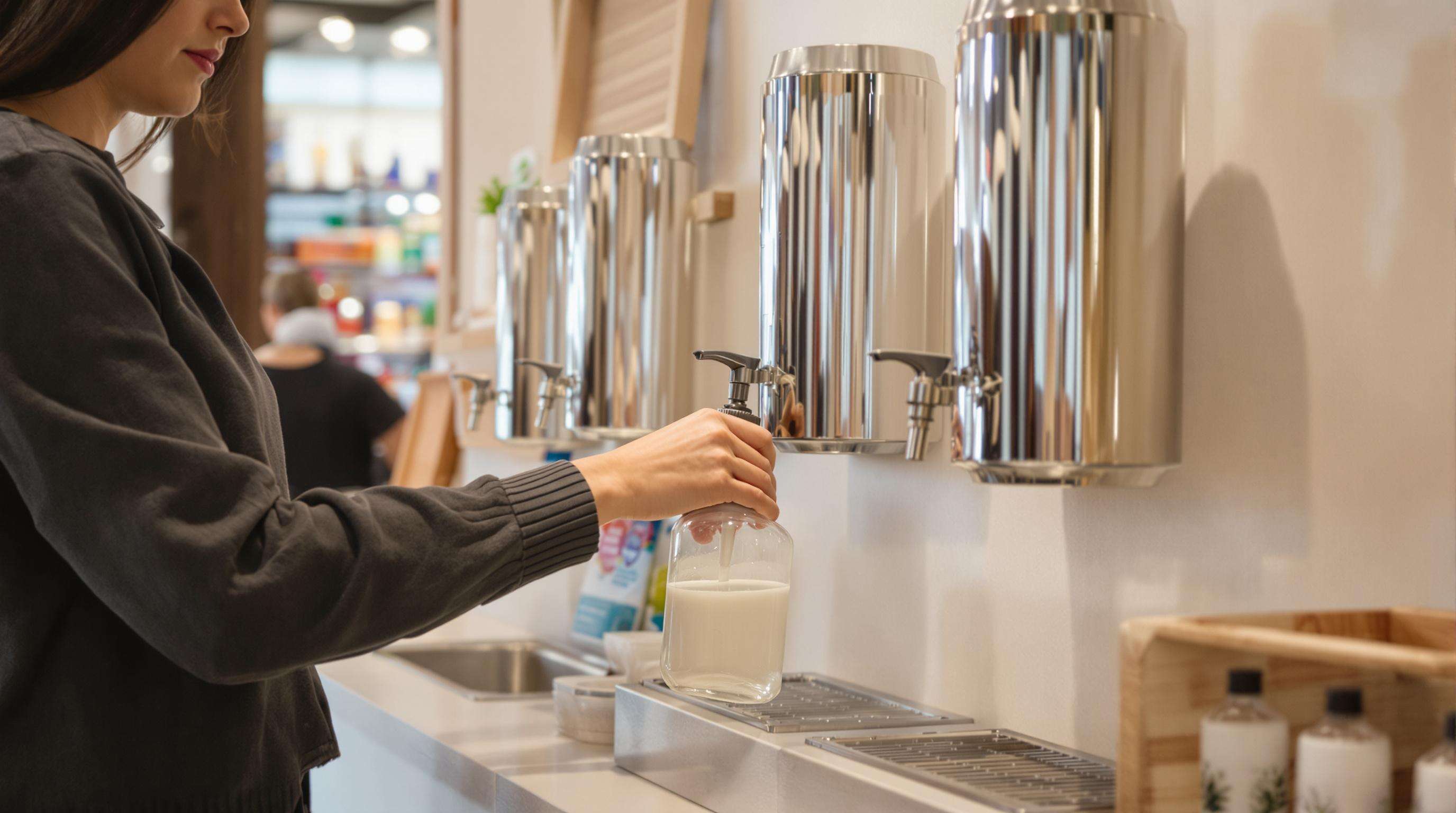 Person refilling a glass lotion bottle at a modern refill station