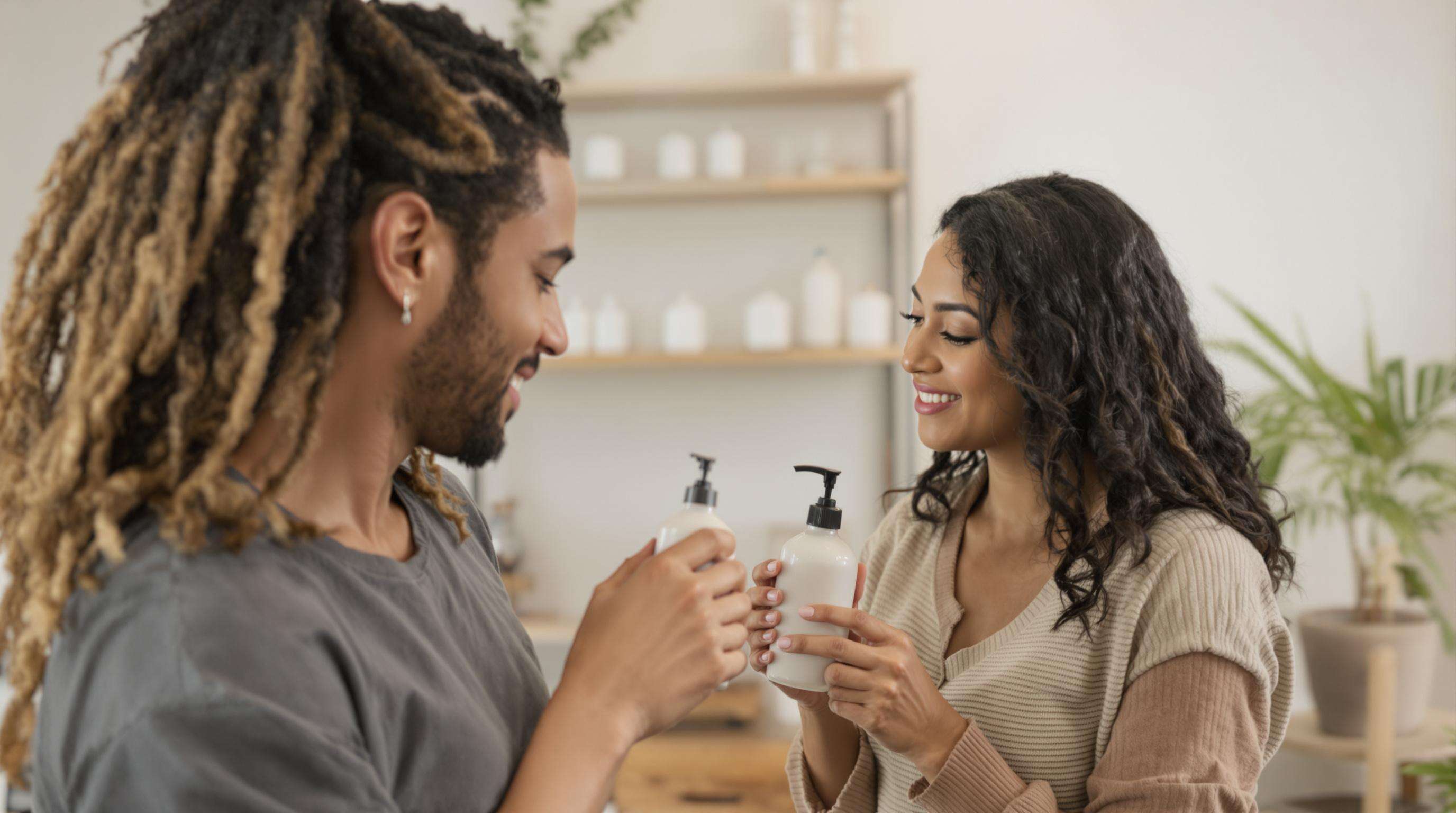 Consumers using refillable matte glass lotion bottles at home with a background showing several reused bottles