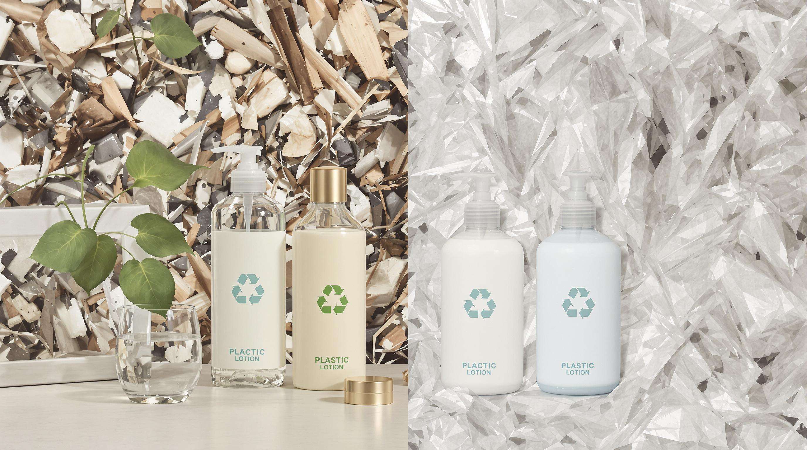 Side-by-side glass and plastic lotion bottles on a table with environmental recycling cues