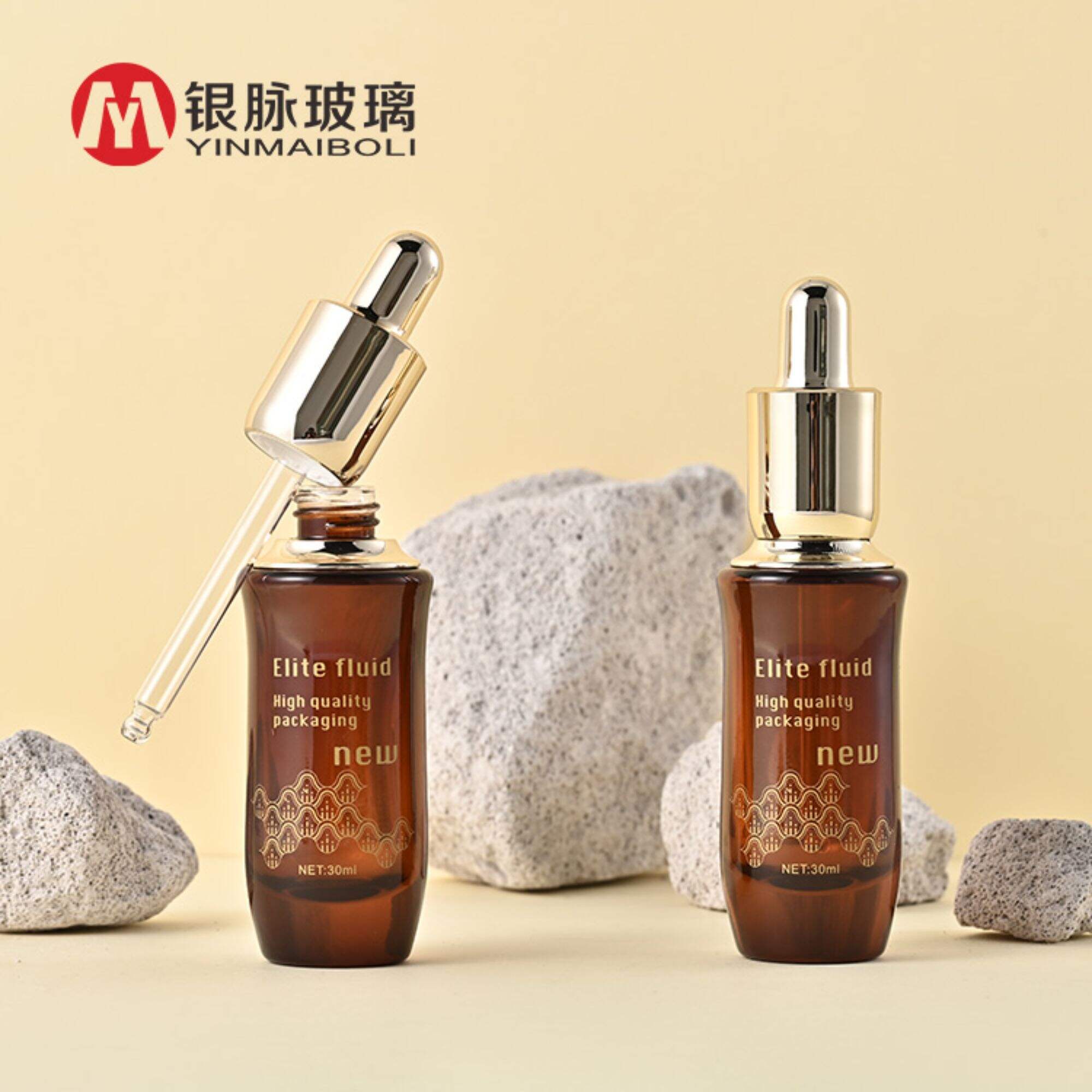 Luxury 1oz 30ml Amber Essential Oil Serum Bottle Glass Dropper Bottles with gold dropper