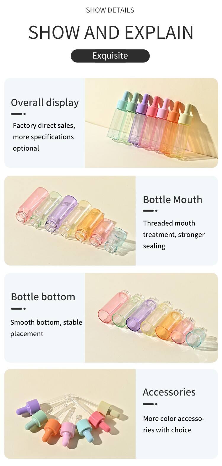 Custom 5ml 10ml 15ml 20ml Serum Cosmetic Packaging Transparent Flat Shoulder Empty Repair Essential Oil Glass Dropper Bottle details