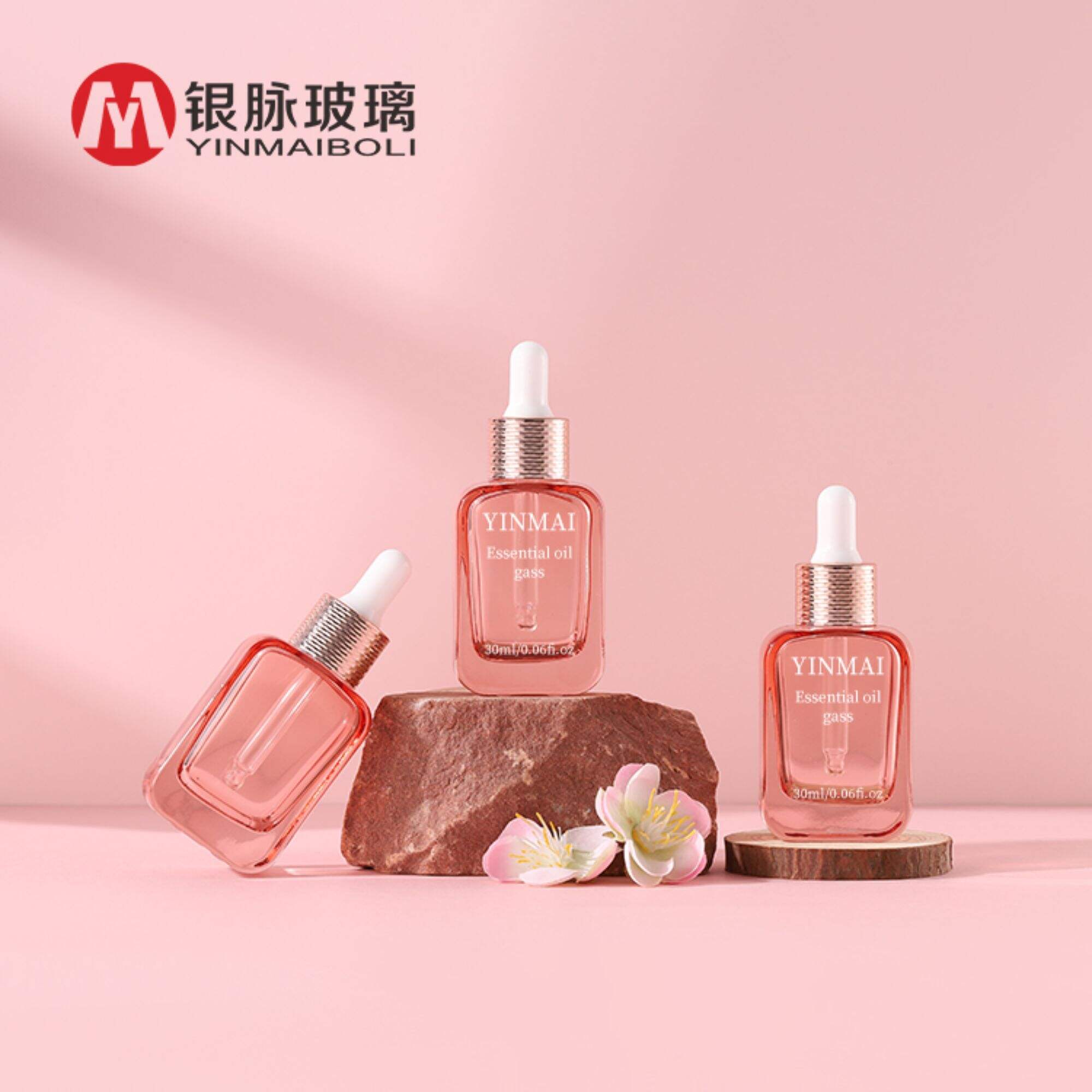Square shaped pink essential oil cosmetic 30ml 1oz glass serum bottle with rubber top dropper gold aluminum cap