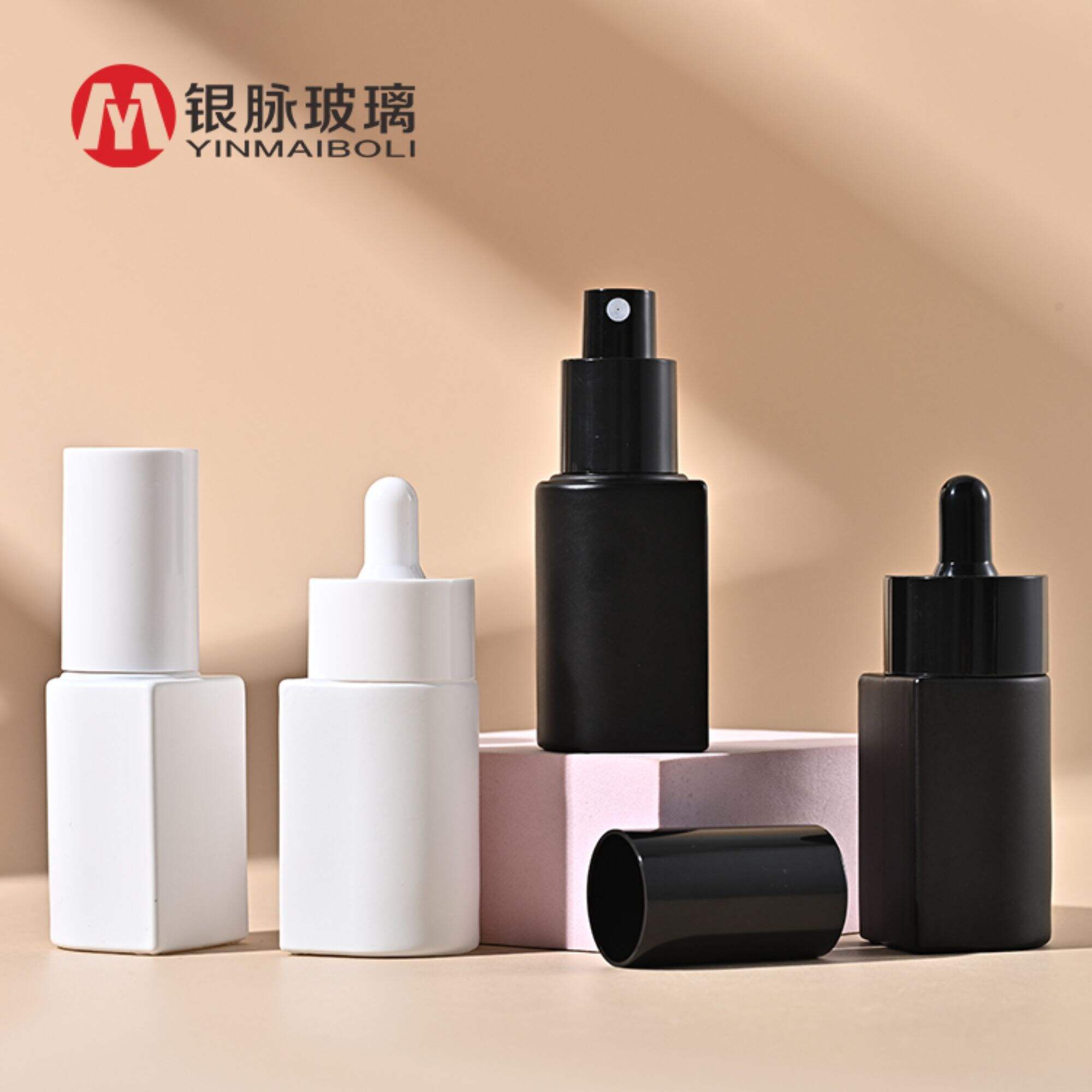 Yinmai Custom 30ml Black white Essential Oil Glass Dropper Bottle Face Skin Care Packaging Cosmetic Lotion Spray pump Bottle