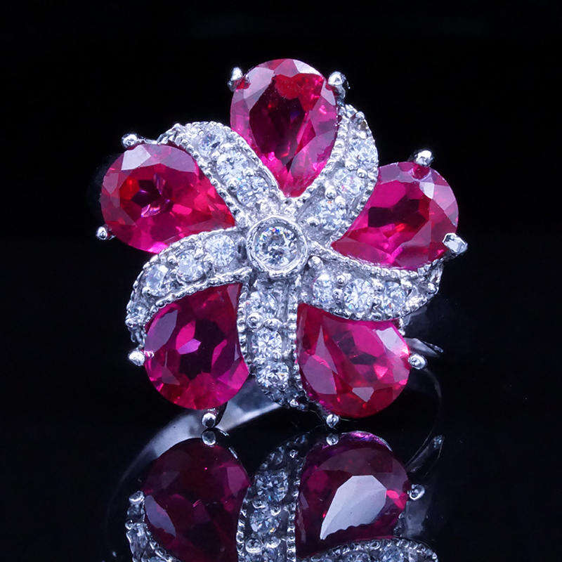 Red Zircon Petals Flower 925 Sterling Silver Stone Ring Jewelry