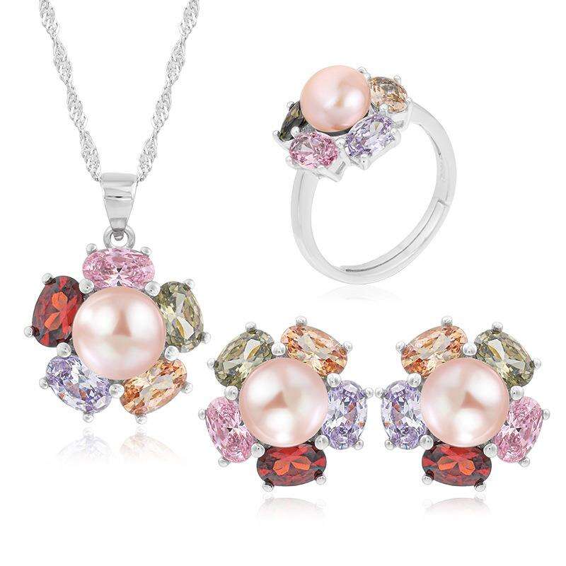 S925 silver set fashion temperament colorful zircon inlaid flower-shaped pearl earrings ring necklace jewelry set