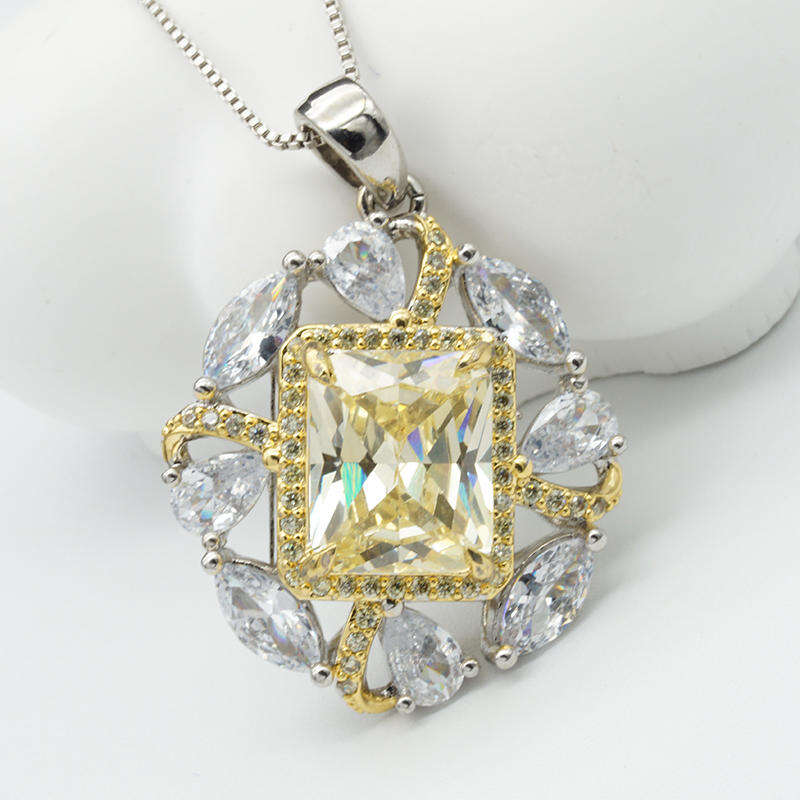 Trend design silver plated inlaid 5A zircon color treasure ladies yellow diamond shape pendant necklace