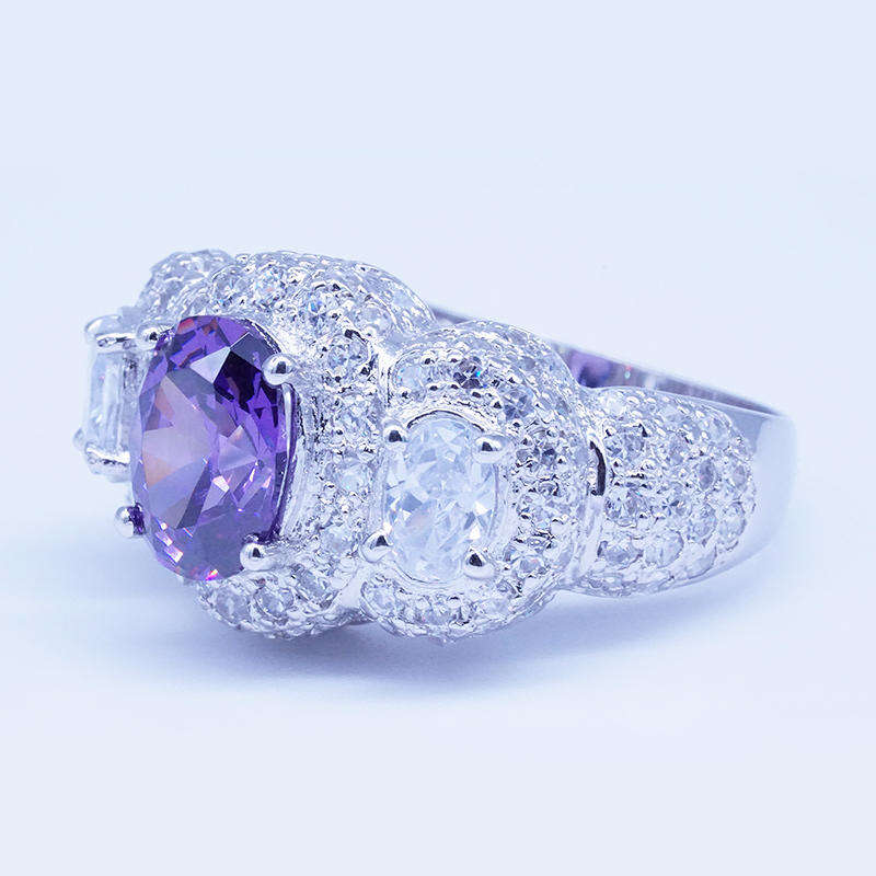 Rhodium plated purple zircon three stone engagement rings
