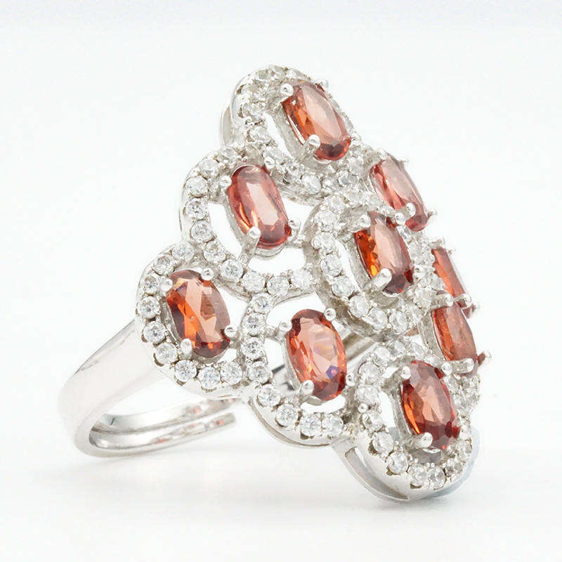 Custom Ring Manufacturers - Exquisite Multi-Stone Garnet and Diamond Halo Sterling Silver Ring