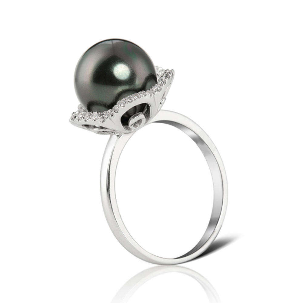 Elegant design Tahitian black pearls sterling silver ring for women