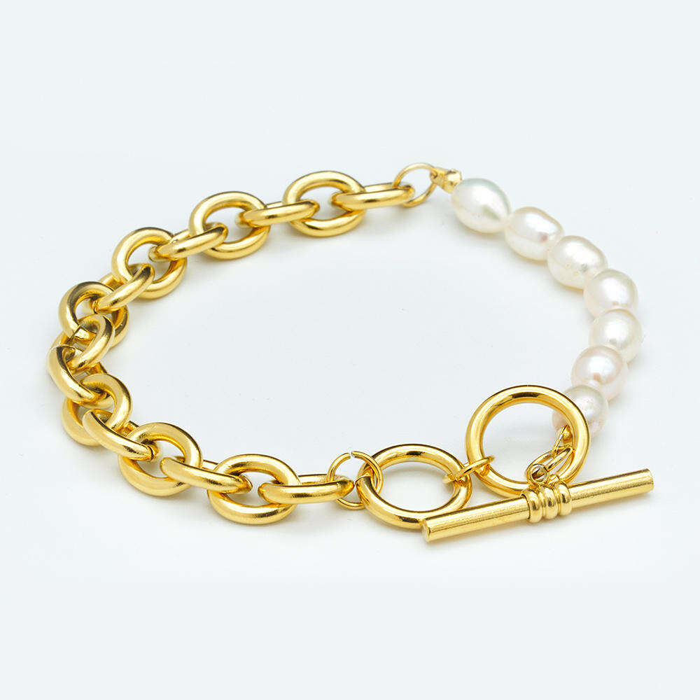 Trendy Minimalist Gold Plated Jewelry Stainless Steel Toggle Clasp Thick Oval Link Freshwater Pearl Bracelet for Women