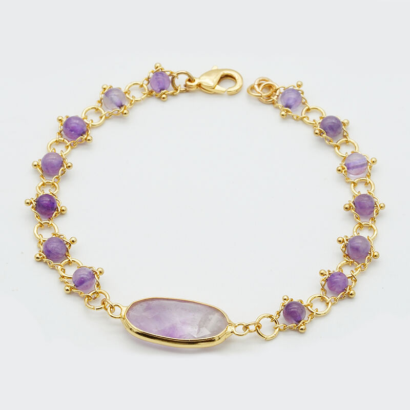 18k gold plated link bracelet set with oval checkerboard faceted amethyst