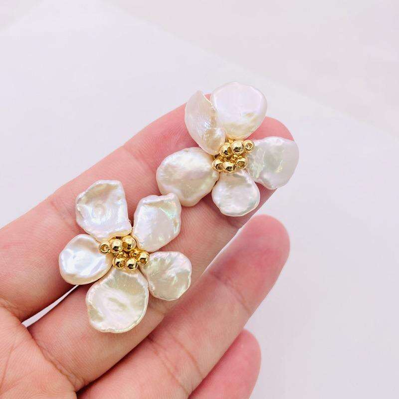 Irregular Gold Plated baroque pearl flower shape Stud Earrings