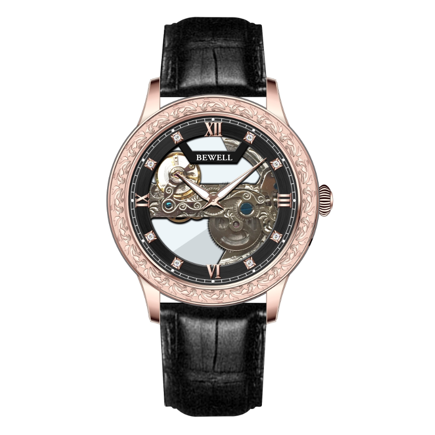 Luxury High end Men wristband zinc alloy case and leather strap skeleton dial alloy mechanical men watch