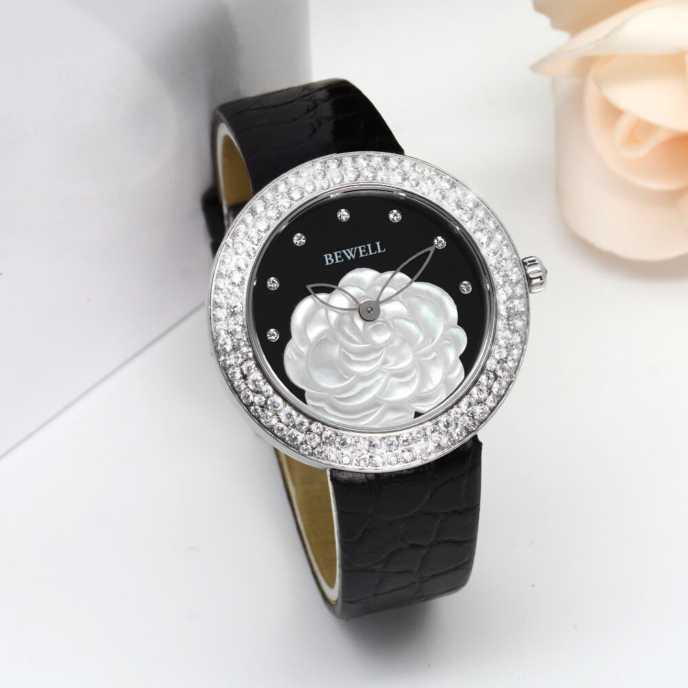 Oem 3 atm water resistant ladies stainless steel watches with flower decoration MOP dial women leather wrist watch factory