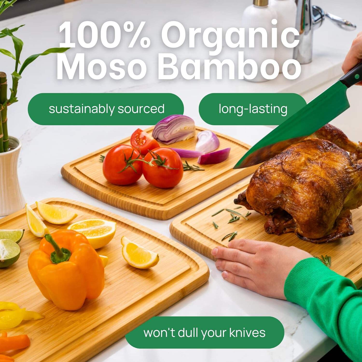 Set Talenan Bambu Organik berisi 3- Set Talenan Kayu dengan Alur Jus - Set Talenan Kayu untuk Dapur