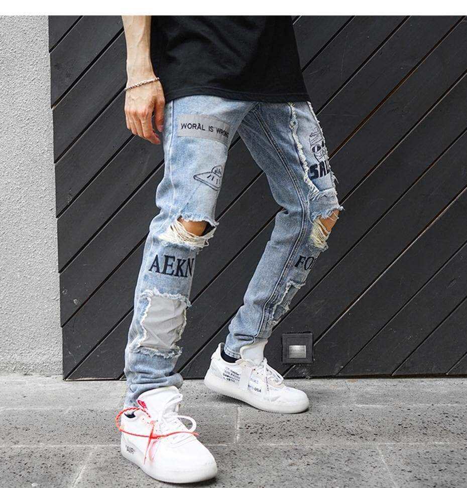 DiZNEW OEM washed ripped jeans slim men's fashion jeans details