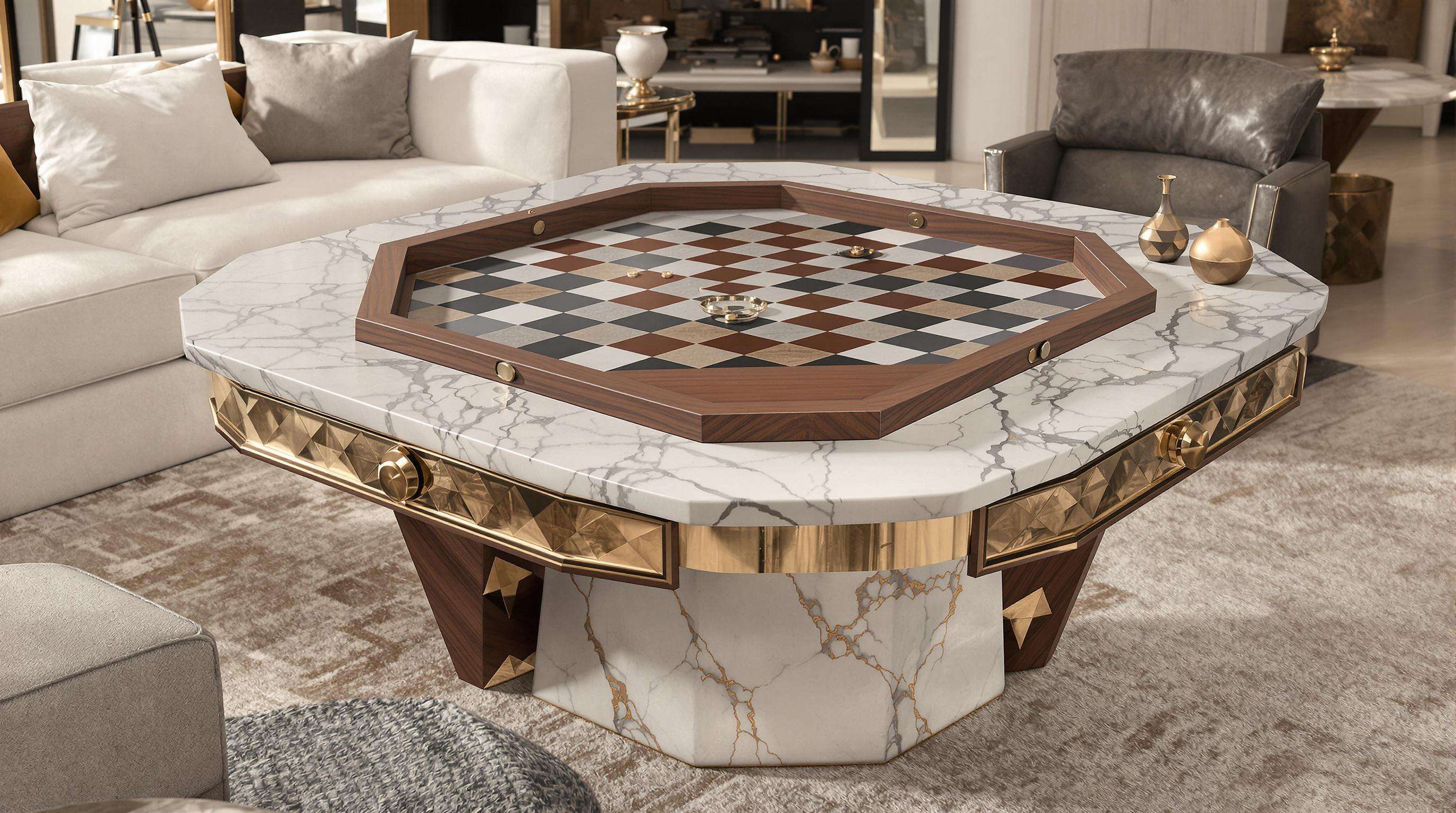 Close-up of a high-end game table made of marble, walnut, and brass in a tastefully decorated modern interior.