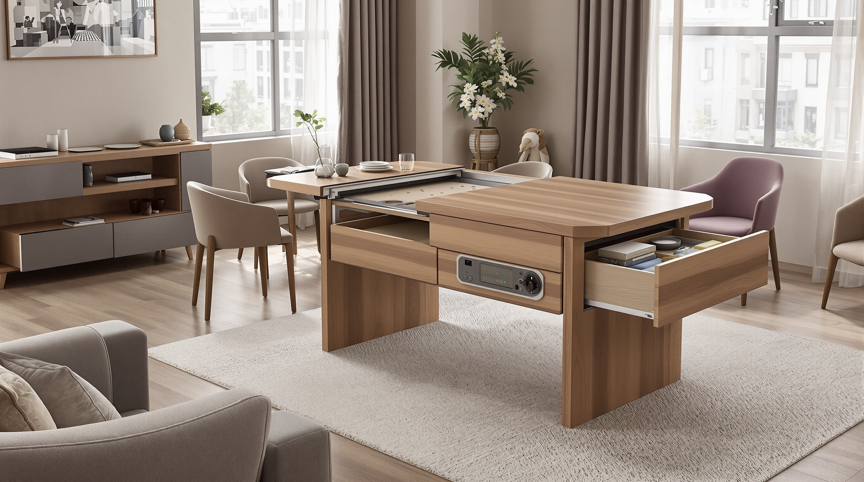 Convertible game table in a contemporary apartment set up for both dining and gaming, showing stored accessories