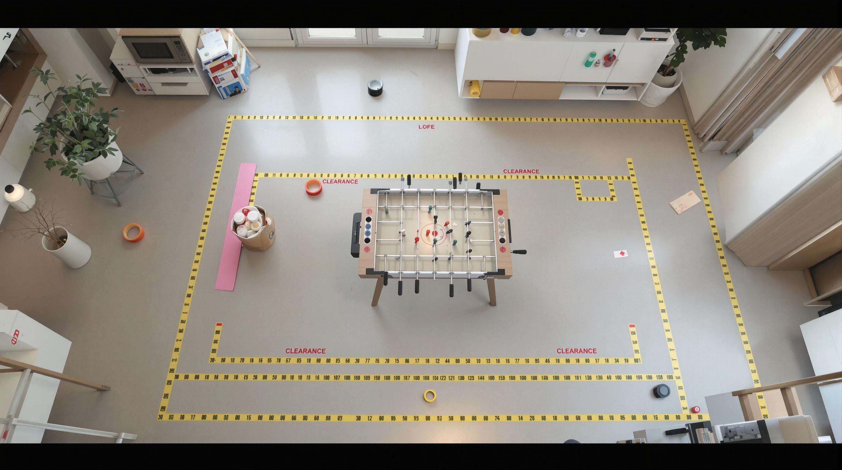 A realistic overhead photo of a multi-game table in a room with marked play areas and measuring tape