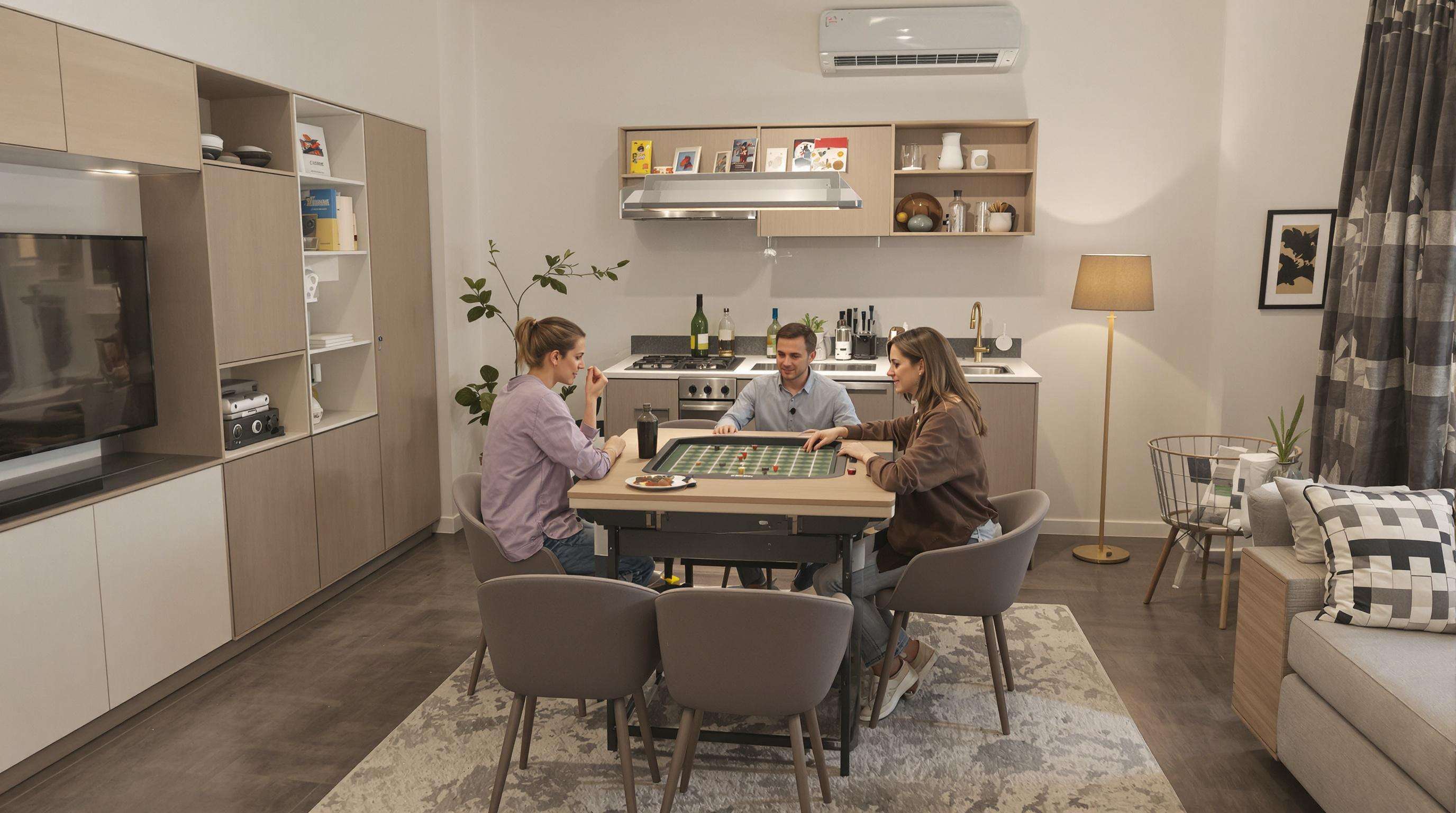 Small apartment with a multifunctional game table serving as a dining table amid modern furnishings