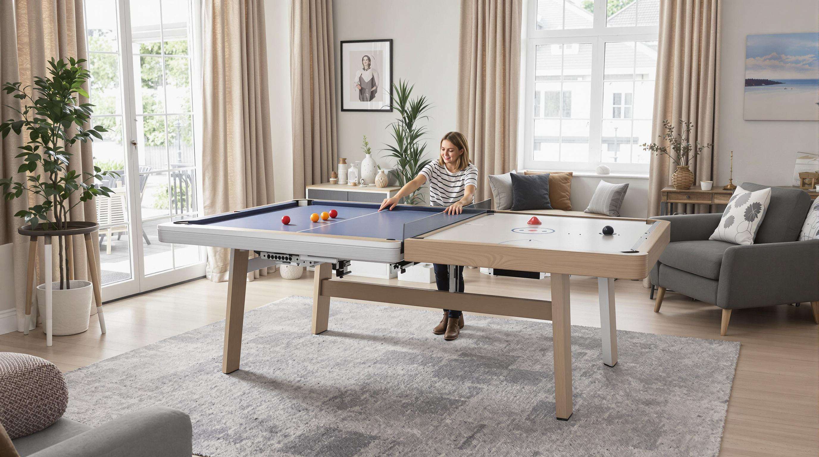 A realistic photo of a multi-game table showing pool and ping pong conversion in a cozy family room