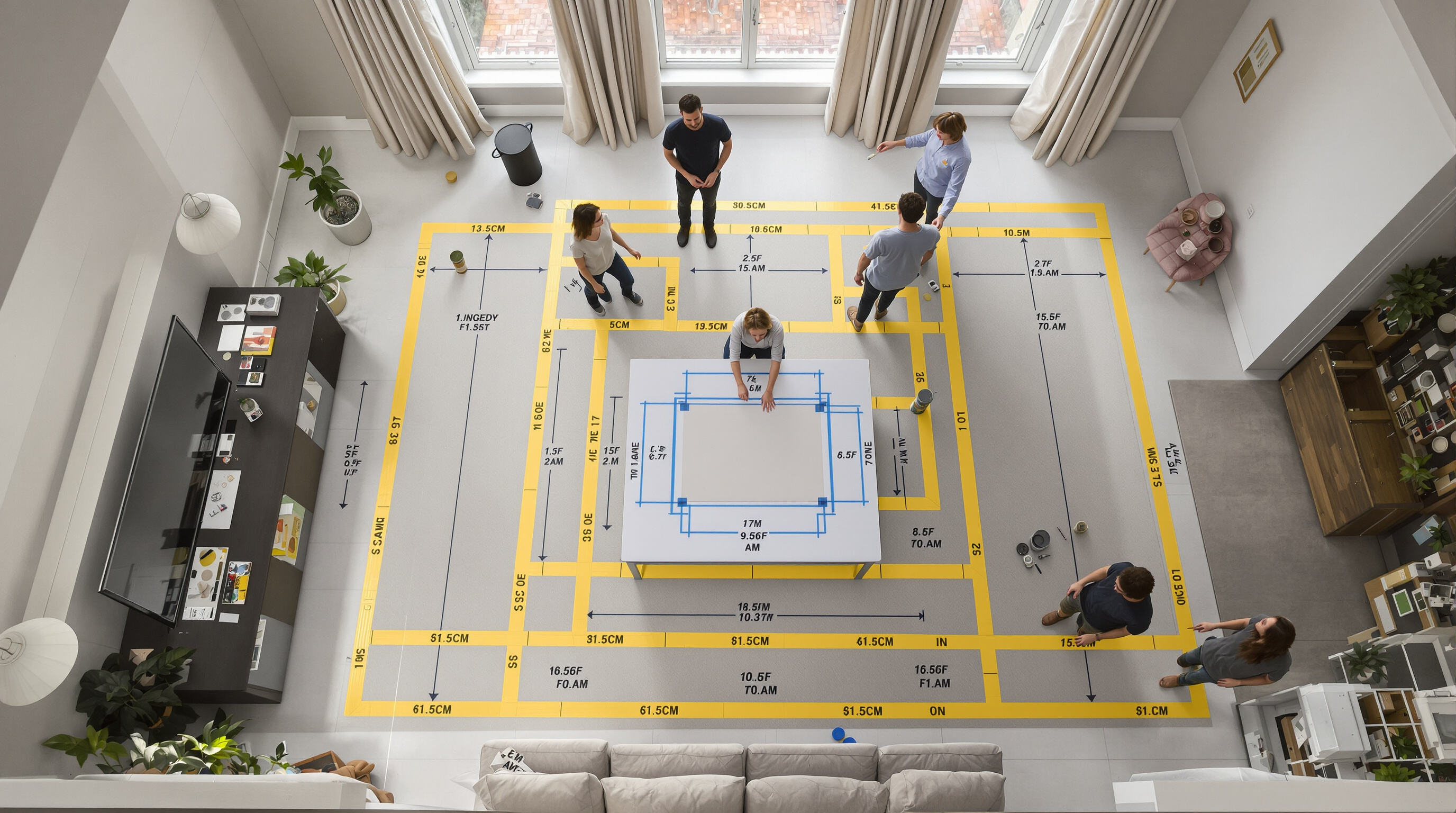 Overhead view of a living room with a game table and taped clearance markings showing movement space