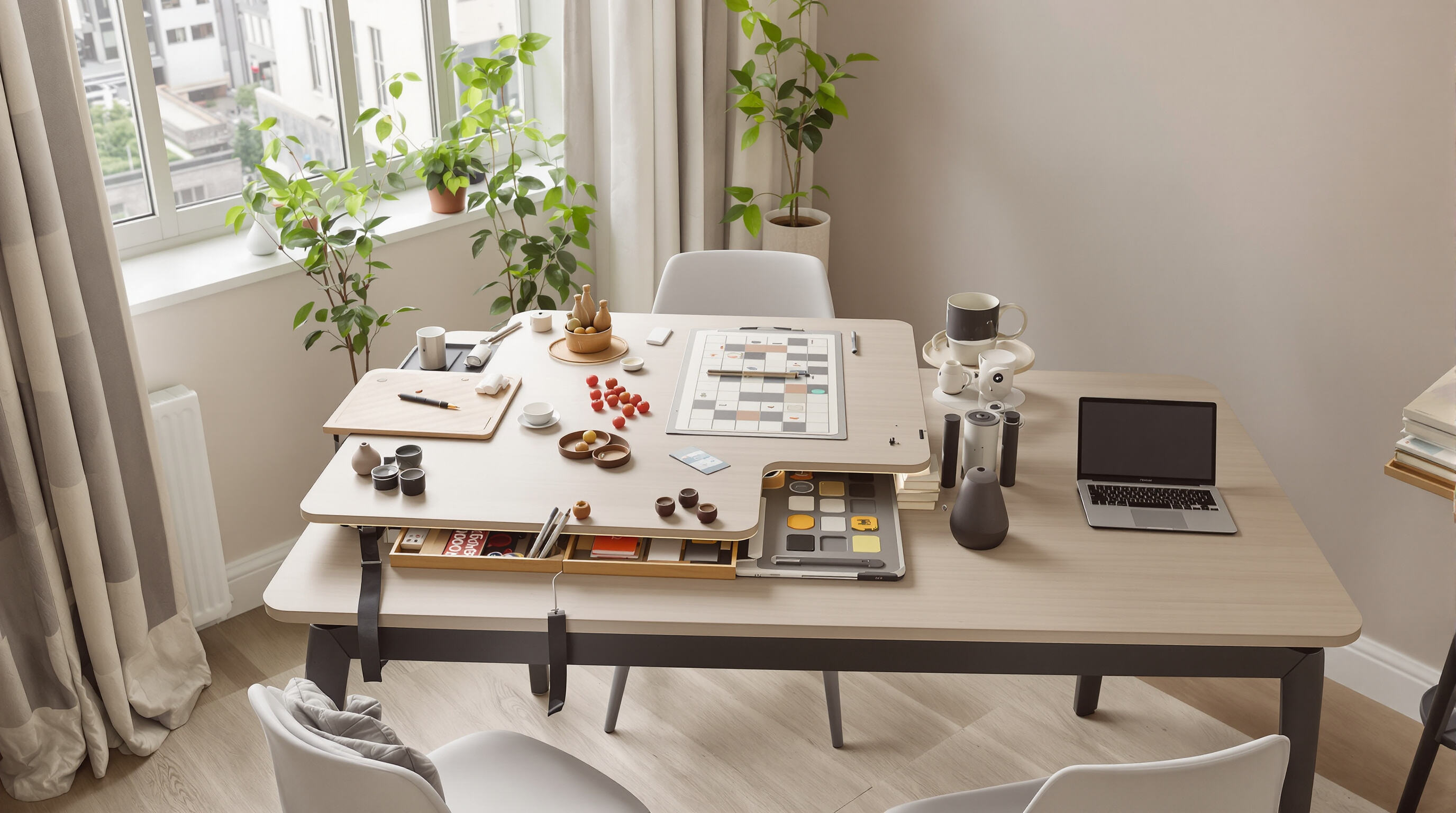 A realistic photo of a convertible table used for dining, board games, and remote work in a small apartment