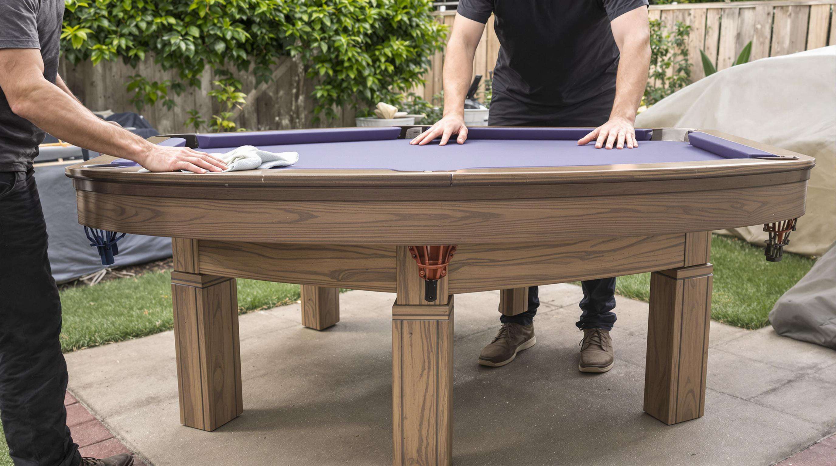 People cleaning and maintaining an outdoor billiard table in a backyard