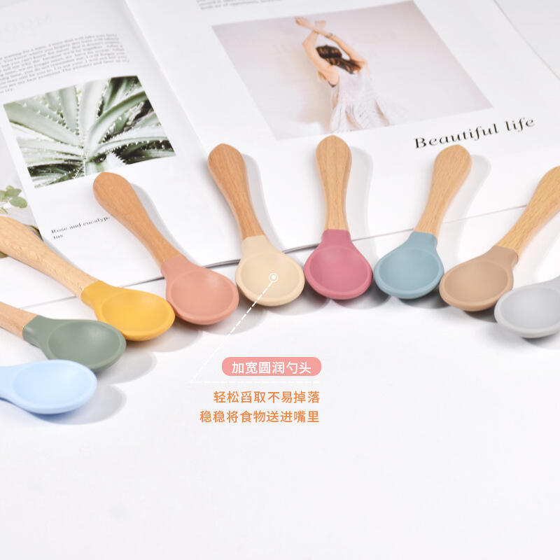 Food grade silica gel baby wooden handle fork spoon manufacture