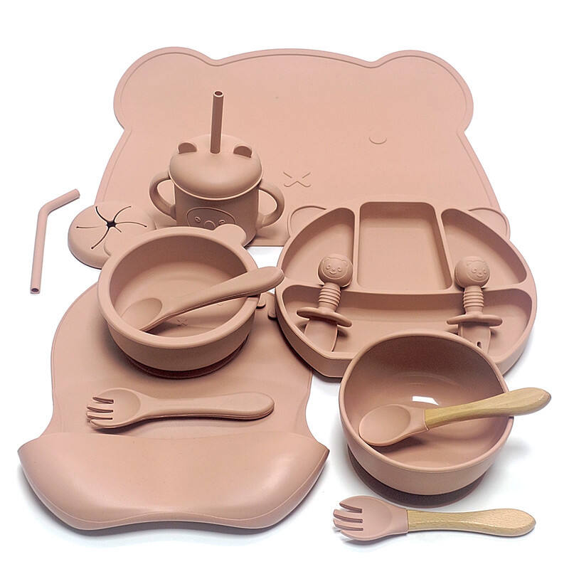 Bear 14-piece infant baby complementary food feeding tableware set silicon children's cartoon glue food grade set factory